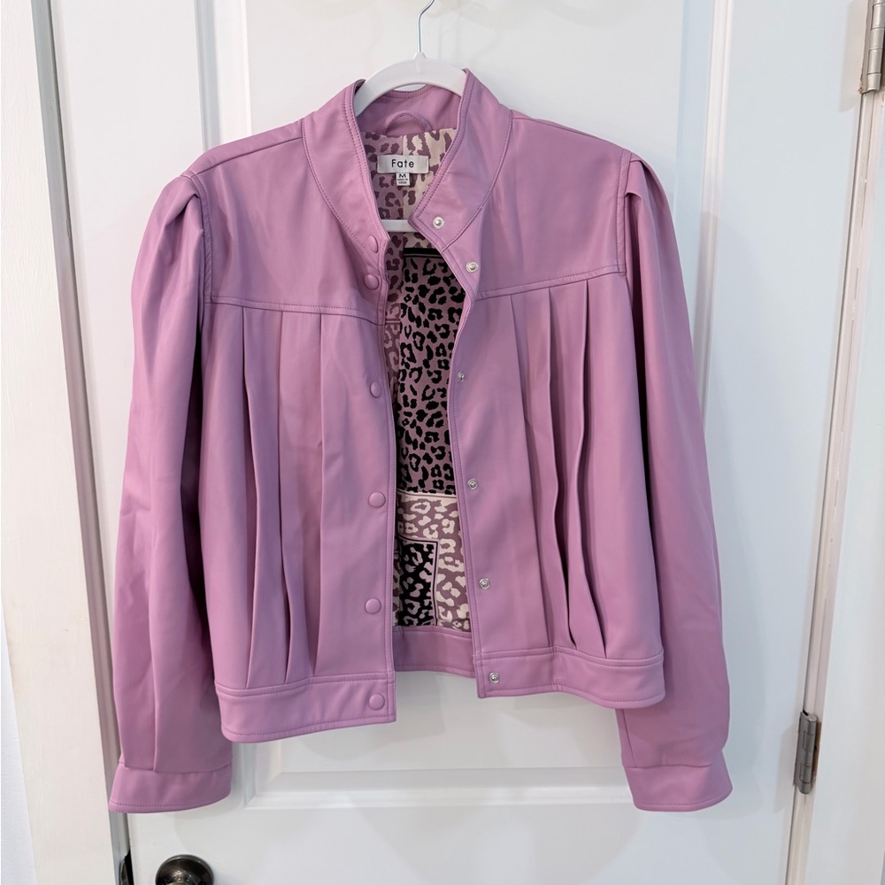 Fate Women's Lavender Leather Jacket with Leopard Print Lining Size M